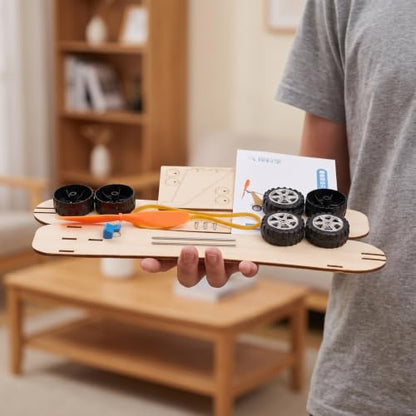 Garneck 1Set Wooden Wind Powered Car Kit Handcraft Puzzle Science Experiment for Rubber Band Power Model Stem Educational Tool