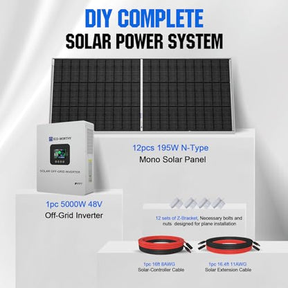 ECO-WORTHY 9.36KWH 2340W 48V Solar Power System Kit Off Grid Solar Panel Kit with 5000W 48V All-in-One Off-Grid Charge Inverter and 12pcs 195W Mono Solar Panel and Z Mounting Brackets.Plug and Play - size: Basic System