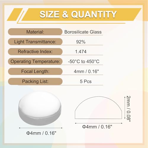 PATIKIL 5 Pcs Convex Lens, 4mm OD 4mm Focal Length Magnifier Lens Optical Lenses Borosilicate Magnifying Glass Flat Convex for DIY Crafts Office Home Science LED Spotlights Flashlights - size: 4mm OD x 2mm H x 4mm Focal L