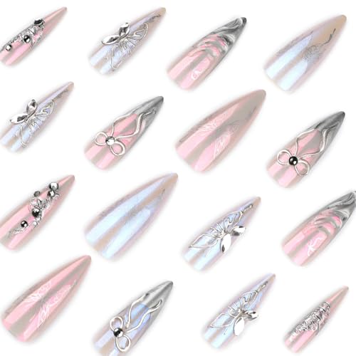 Stiletto Press on Nails Long Silver Fake NailSilver Glitter and Rhinestones Acrylic Nail Press ons Stick on Nails for Women 24pcs - color: Color19