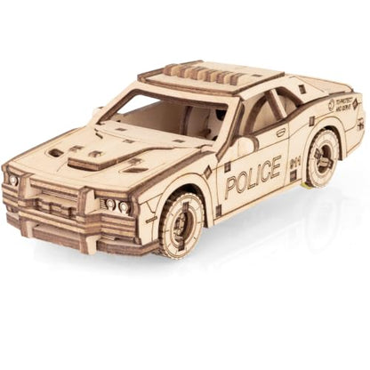 EWA Eco-Wood-Art Pocket Police Car - 3D Wooden Puzzle Mechanical Model Kit DIY Wood Construction Set