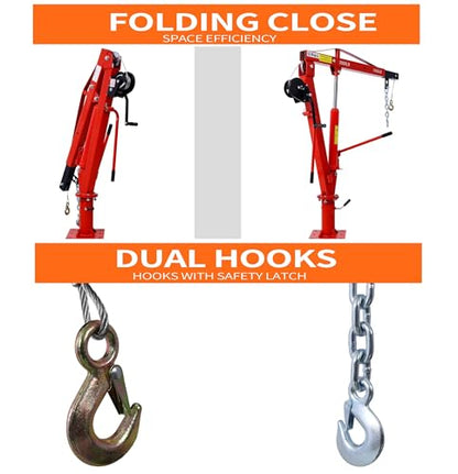 Truck Crane Truck Bed Hoist with Hand Winch Pickup Jib Crane 2000 lbs Capacity Hydraulic Extendable Boom 360° Pivot Red - color: Red