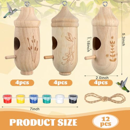 Briwooody 12 Pack Hummingbird House Wooden DIY Kit with Paint and Brushes