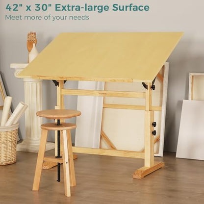 VISWIN Wood Drafting Table for Adults, 30" X 42" Extra-Large Drawing Table with Adjustable Height & Angle for Art Studio, Solid Pine Wood Artist Desk for Drawing, Drafting, Writing, Reading - color: Natural