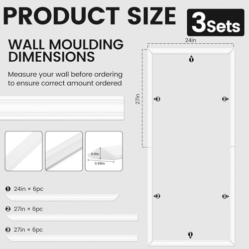 3 Sets Peel and Stick Wall Molding Kit, 54x24 Inch Premade Wainscoting Frames - color: 54''x24''-3pack