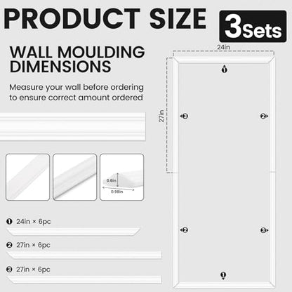 3 Sets Peel and Stick Wall Molding Kit, 54x24 Inch Premade Wainscoting Frames - color: 54''x24''-3pack