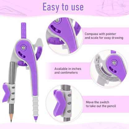 Zonon 2 Pcs Protractor and Compass Set, Swing Arm Protractor, Purple Clear - color: Purple and Clear
