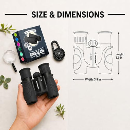 Binoculars for Kids – Perfect Toy for Little Boys and Girls – Extensive Set Incl. Magnifying Glass & Compass – Powerful Magnification 8X21 – 3 to 12 Year Old Kids for Toddler - color: Black