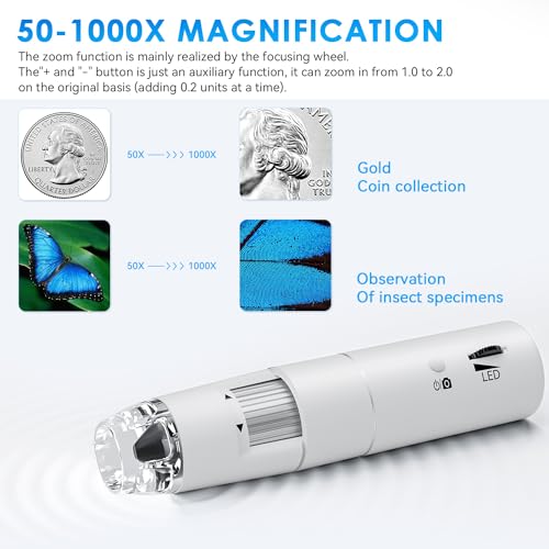 Wireless Digital Microscope, Skybasic 50X-1000X Magnification WiFi Pocket Handheld Microscopes with Stand HD USB Microscope Camera Compatible with iPhone Android iPad Windows Mac Computer (White) - color: White