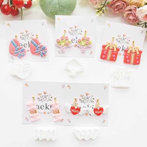Mother’s Day Polymer Clay Cutters & Stamp Set - 12pcs Sharp & Durable Mom, Heart, Cake, Carnation & Gift Shapes for DIY Earring Jewelry Making, Soft Clay Crafts & Holiday Supplies - color: 2T color