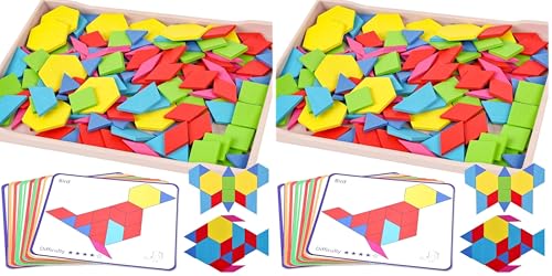 3 otters Wooden Pattern Blocks Shapes for Kids, Geometric Tangram Puzzle with Activity Cards, 150 PCS Educational Toy (Pack of 2) - size: Medium (Pack of 2)