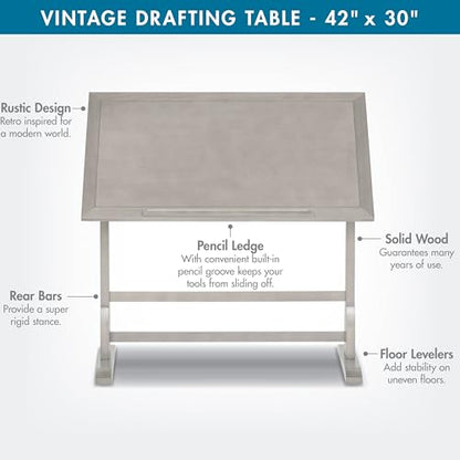 Studio Designs Wood Drawing/Drafting Table with Pencil Ledge - 42" W x 30" D - Whitewash - Tilting Top Adjustable Desk - color: Coastal Whitewash, size: 42" W x 30" D