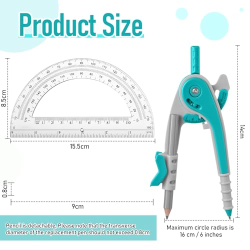 Eboot Student Geometry Math Set, Drawing Compass and 6 in, Turquoise - color: Turquoise