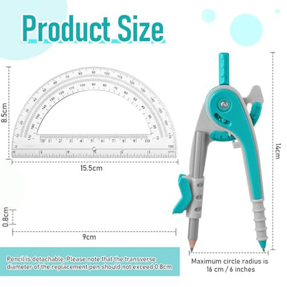 Eboot Student Geometry Math Set, Drawing Compass and 6 in, Turquoise - color: Turquoise