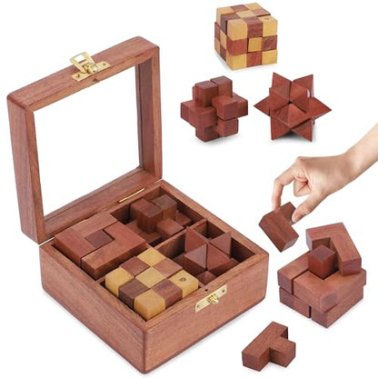 Ajuny Wooden Puzzles Box Set (4 Games) Brain Teaser for Teens & Adults, IQ Test Interlocking 3D Puzzles, Handcrafted Rustic Patio Decor, Unique Gift for Christmas and Birthdays - style: 4 in 1