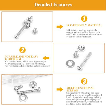 254 Pieces #4-40 x 3/16", 1/4", 5/16", 3/8", 1/2", 5/8", 3/4", 1", Phillips Pan Head Machine Screws Nuts Washers Assortment Kit - size: #4-40, style: Phillips Pan Head