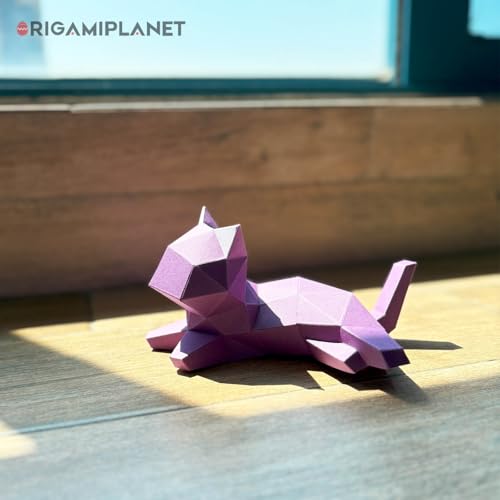 3D Origami Paper Craft Kit, Lounge Kitten Cute DIY Pre-Cut Animal Papercraft Model for Beginners, Fun Handmade Home Decoration Gift for Adults & Teens-Purple