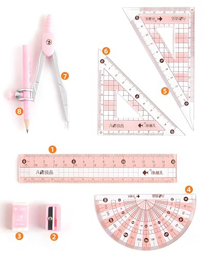 8 Pcs Compass/Math Set for Students with Shatterproof Storage Box, Geometry Set for School, Includes Ruler, Protractor, Compass, Pencil,Pencil Sharpener and Eraser,etc. Perfect Gift (Pink)