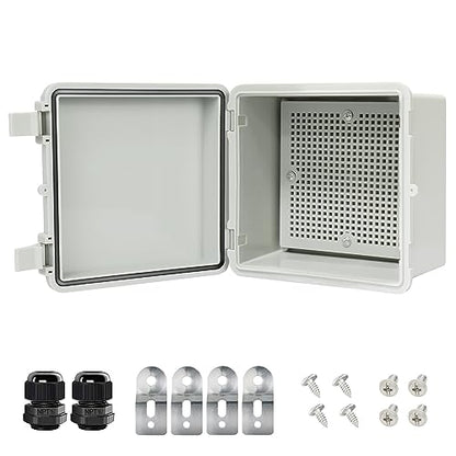 Junction Box IP65 Waterproof Electrical Box Outdoor ABS Plastic Project Box Hinged Shell Universal Enclosure Box with Mounting Plate, Wall Brackets, Cable Glands 5.2" x 5.2" x 3.3" - color: Grey, size: 5.2" x 5.2" x 3.3"