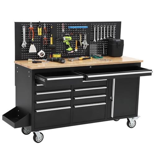 61-Inch Rolling Tool Chest with 10 Drawers & Power Strip, Solid Rubber Wood Top, 1675 LBS Load Heavy Duty Mobile Workstation, Locking System and Drawer Liners for Garage Warehouse Shop, Black - size: 61 Inch Black