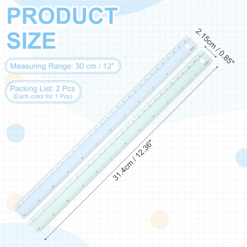 PATIKIL Metal Ruler 12 Inch/30cm, 2 Pcs Aluminum Straight Edge Ruler, Dual Scale Measuring Tool with Inch/Centimeter Scales & Hole for Math Office Drawing Engineering Home, Green/Blue - color: Green/Blue