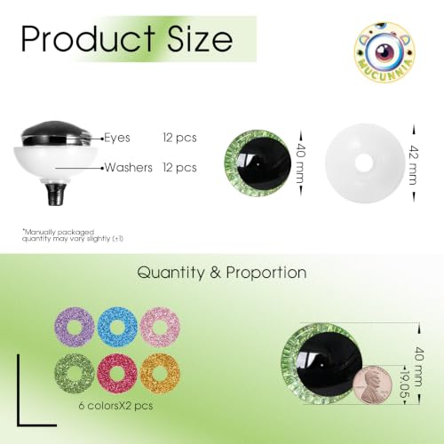 MUCUNNIA 12pcs 40mm 3D Sparkle Moon Safety Eyes for Amigurumi with Washers - size: 40mm