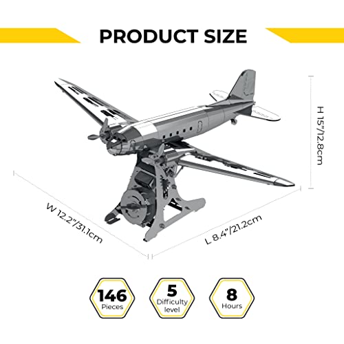 METAL-TIME Remarkable Douglas, Douglas DC-3 Model, 3D Metal Airplane Model Mechanical Building Kit, Unique Wind-Up Moving Mechanism, Stainless Steel DIY Construction with Toolbox - 146 Pieces.
