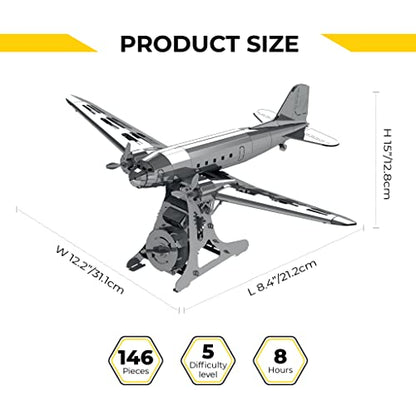 METAL-TIME Remarkable Douglas, Douglas DC-3 Model, 3D Metal Airplane Model Mechanical Building Kit, Unique Wind-Up Moving Mechanism, Stainless Steel DIY Construction with Toolbox - 146 Pieces.