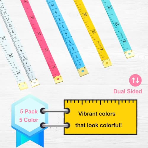 Tape Measure Soft Measuring Tape 60-Inch Double Scale Ruler Fabric Sewing Tailor Cloth Measurement Craft Supplies,5 Pack, 5 Color
