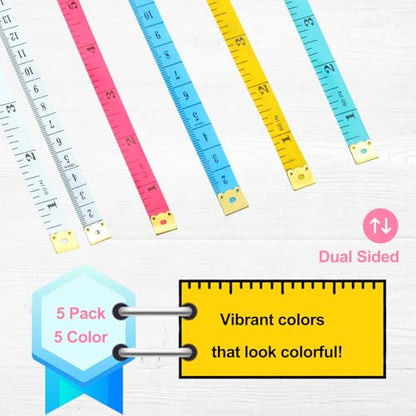 Tape Measure Soft Measuring Tape 60-Inch Double Scale Ruler Fabric Sewing Tailor Cloth Measurement Craft Supplies,5 Pack, 5 Color