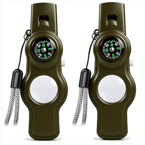 Emergency Survival Safety Whistle，Whistle for Kids with Lanyard,Compass,Thermometer,Ideal for Kayaking, Boating, Hiking, Camping, Climbing - color: Army Green Whistle 2pcs