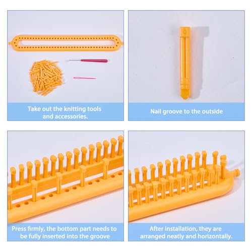 Hobbspring Knitting Loom Set Rectangular Knitting Board Loom 13.9x2in Plastic Darning Needle Crochet Yellow Scarf Looms Long Hats Shawl Making Tool DIY Yarn Weaving Kits for Women Adults Beginners