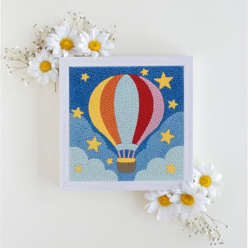 DOODLREAM Hot Air Balloon DIY Punch Needle Embroidery Kit for Adult Beginner, 9.4" Stars Punch Stitching Craft Set for Starter with Frame, Fabric Pattern, Threader, Yarn, Pinch Needle - color: Hot Air Balloon