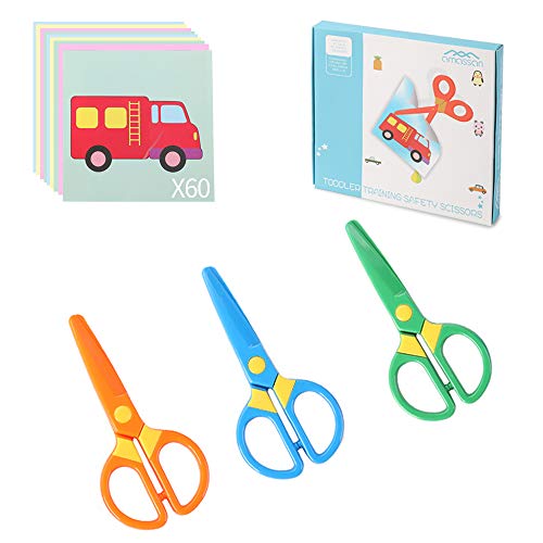 Toddler Safety Scissors, 3-Pack with 60 Craft Paper Sheets for Kids
