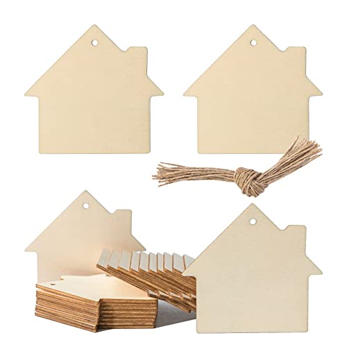 House Shape Hanging Wood House Unfinished Wood with Twines DIY Craft Ornament for Christmas Wedding Birthday Thanksgiving Party Decoration 20Pack