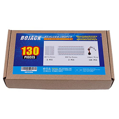 BOJACK 3 Values 130 Pcs Solderless Breadboard 4 Pcs 830 Tie Points & 400 Tie Points & 126 Pcs Flexible Breadboard Jumper Wires - size: Large