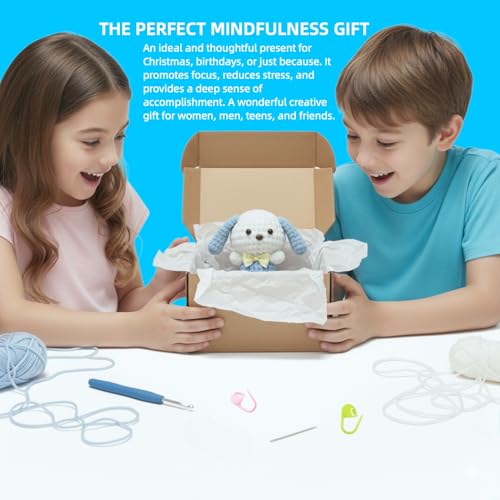 BUNUKY Crochet Kit for Beginners, Amigurumi Puppy Crochet Starter Kit with Step-by-Step Video Tutorials, Complete DIY Craft Kit Gift for Adults & Teens - color: Sky Pup