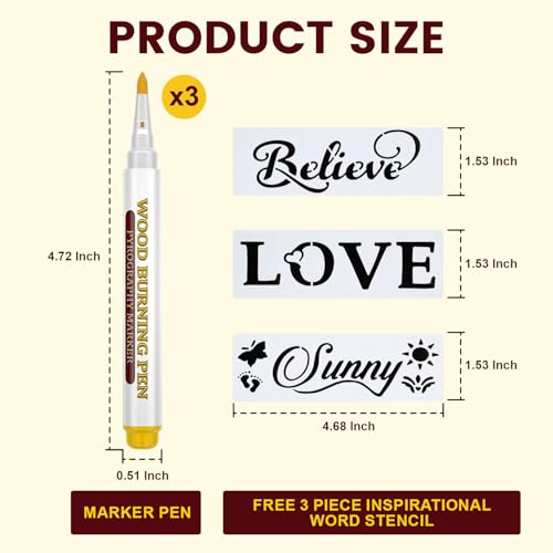 Wood Burning Marker Pen with 3 Inspirational Word Stencil- Pyrography Art Tool for Wood Crafting, PET Tips, DIY Woodburning Marker Kit for Beginners, Home Studio School Art Projects