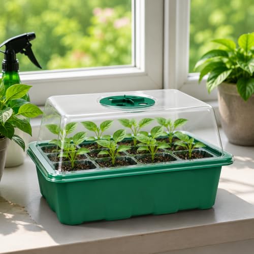 5 Pack Seed Starter Trays with Humidity Dome and Base, 12 Cell Seedling Germination Kit, Adjustable Vent Plant Growing Trays for Indoor Greenhouse, Garden and Hydroponic Seed Starting