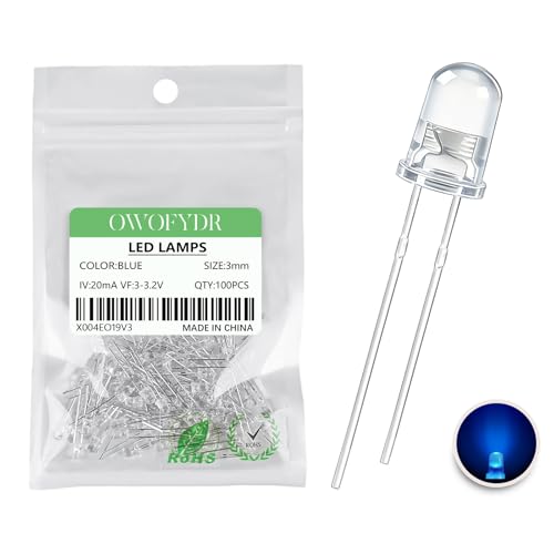 100PCS 3mm Blue LED Diodes, Clear Lens, Through-Hole Lights - color: (Transparent) BLUE, size: 3MM