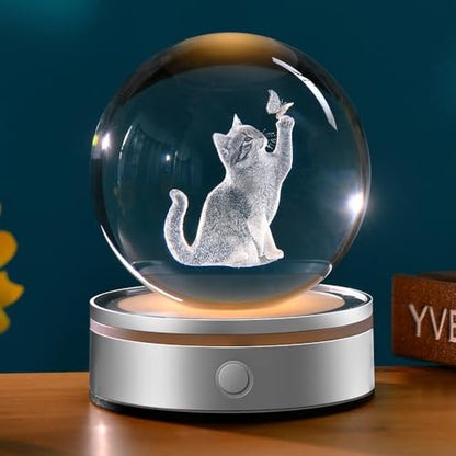 3D Cat Crystal Ball Gifts for Women 80mm Cat Themed Gifts for Girls - color: 3D Cat with Butterfly
