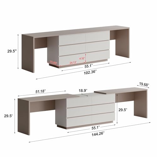 144" Extra Long L-Shaped Double Desk with 6 Dust Proof Drawers for 2 People Study Workstation, Dual Computer Desk Corner Desk for Home Office Bedroom, White Khaki, 102.36-144.26"