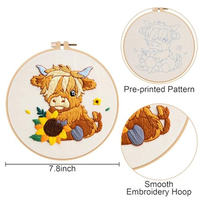 Nuberlic 3 Pack Embroidery Kit for Beginners, Highland Cow Embroidery Kits - color: Highland Cow