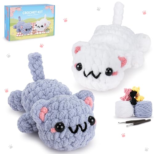 2PCS Kitty Crochet Kit for Beginners Cats Crochet Starter Kit for Adults - color: Gray White Cat