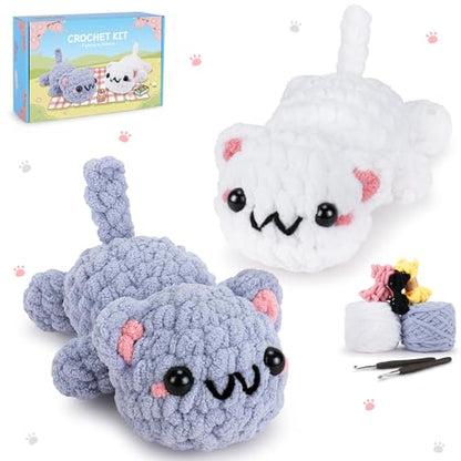 2PCS Kitty Crochet Kit for Beginners Cats Crochet Starter Kit for Adults - color: Gray White Cat