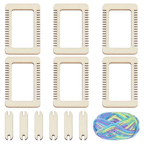 WEBEEDY 13 Pcs Mini Wood Weaving Loom Kit Small Wooden Weaving Loom Tool with 6 Looms,6 Shuttles & 50g Yarn for Adults Beginners,Wood Tools for DIY Tapestries Knitting Projects Activity