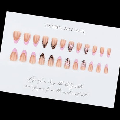 Almond Press on Nails Medium Pink Fake Nailwith Pink Bow Acrylic Nail Press ons Leopard Stick on Nails for Women 24pcs - color: Color10
