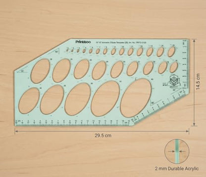 Printtoo Ellipse Template 29.5 x 14.5 cm, 2 mm Acrylic Oval Drafting Stencil with 28 Metric Ellipse Cutouts, 30/60 Degree Guides, Measuring Ruler for Engineering Architecture Design - color: Series-PRTD-2120