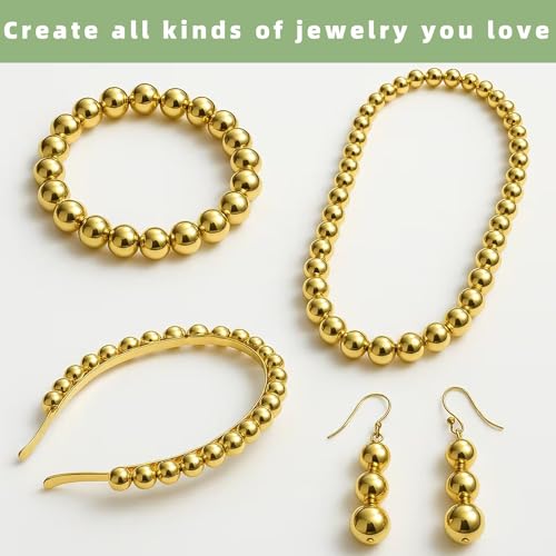 Laopottbeads 1225 Pcs Gold Beads with Oxidation-Resistant Finish, 4/6/8/10/12mm Round Beads DIY Kit for Bracelets, Earrings, Necklaces & Anklets - color: Golden, size: 4/6/8/10/12 mm, 1225 pcs