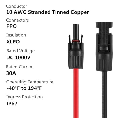 10 Feet 10AWG Solar Extension Cables Fitted with Connectors - size: 10FT 10AWG